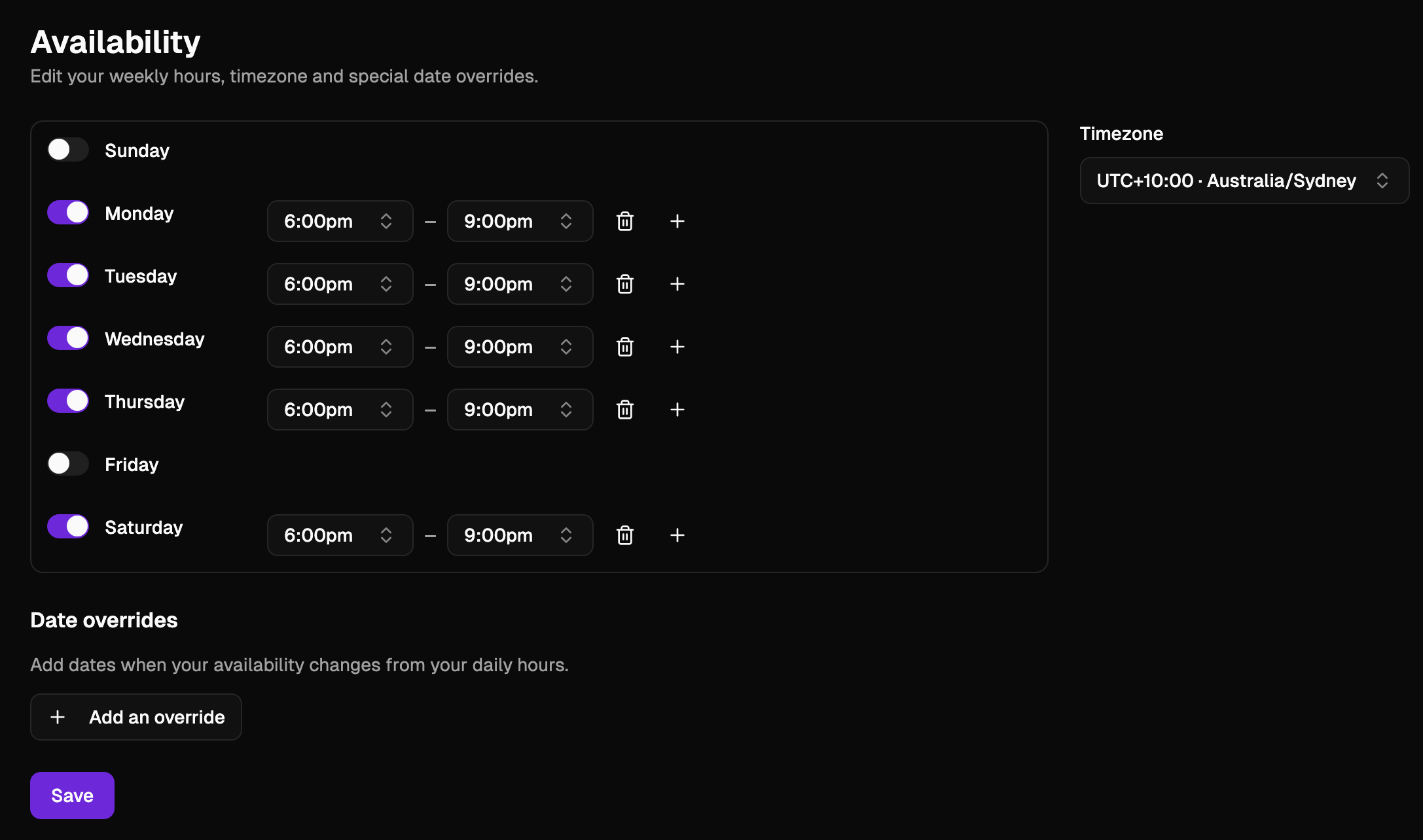 Set availability with weekly hours and date overrides